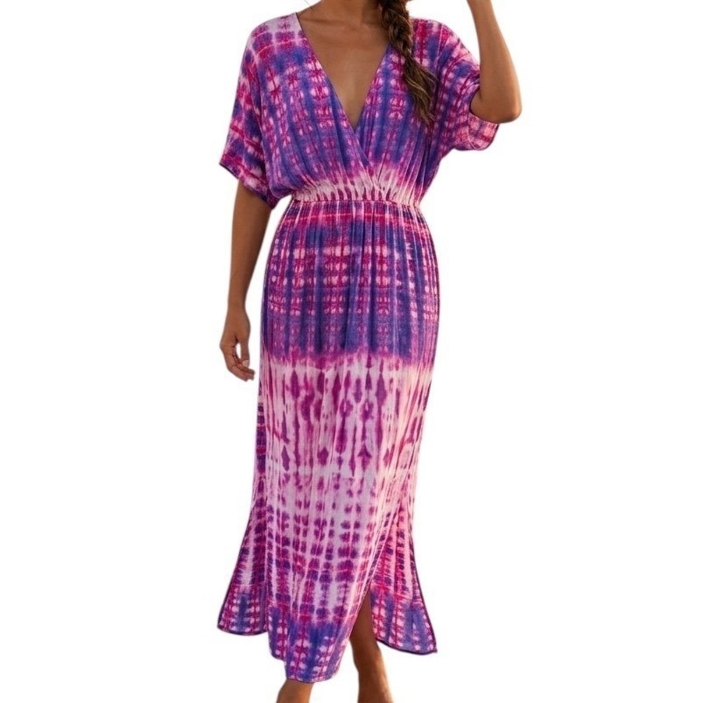 Forever‎ 21 Plus Size 0X Tie Dye Maxi Dress Pink Purple V-Neck Side Slit NWT
